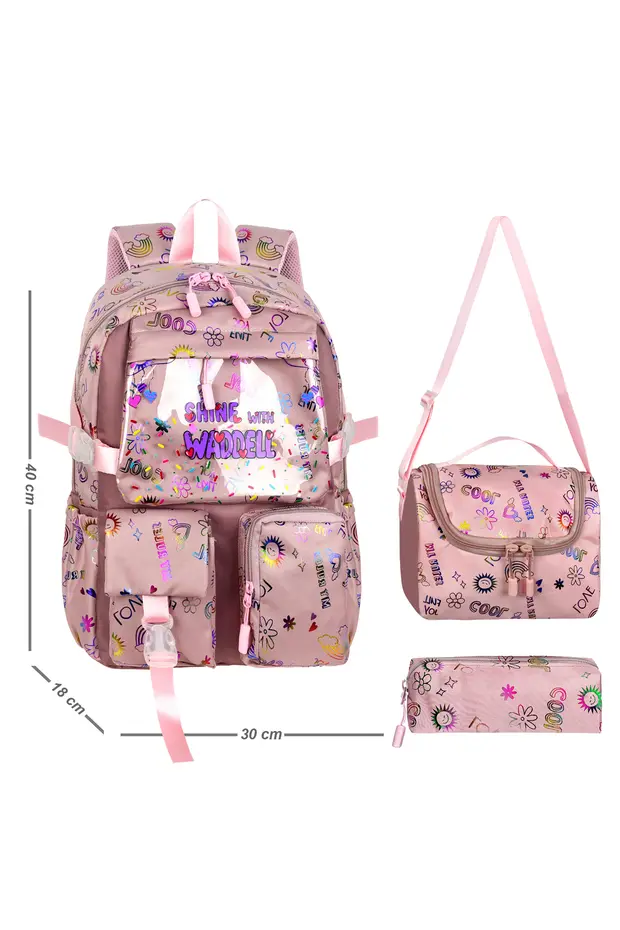 Kore Kawai Şeffaflı Twill Kumaş Gül Kurusu Desenli Kız Çocuk Okul Çantası Termal Beslenme Çantası ve Kalemlik 